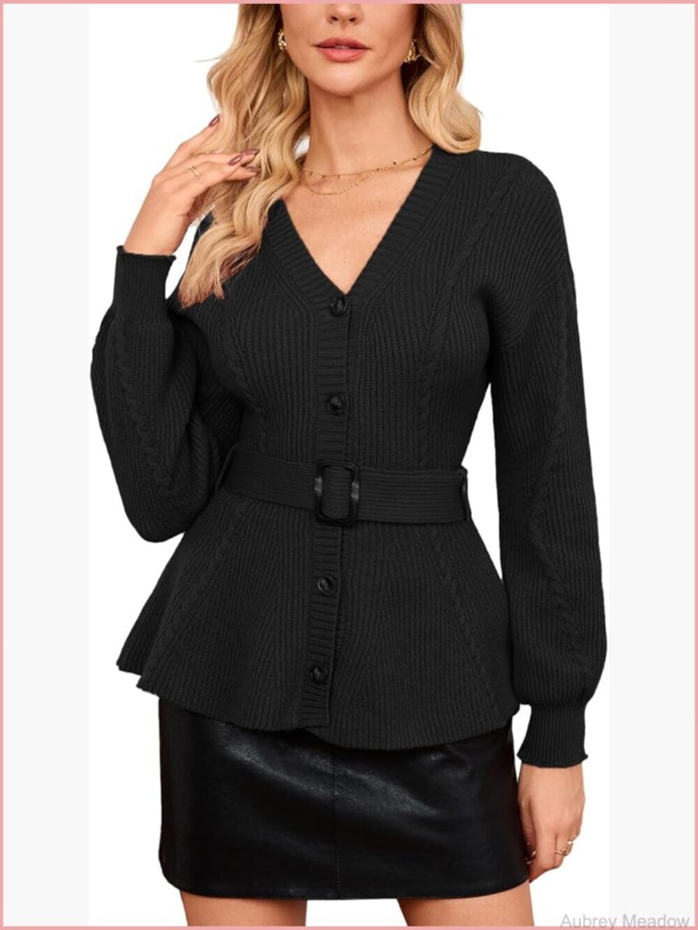 Belted Cable Knit Cardigan Long Sleeve V-Neck Button Down Peplum Sweater